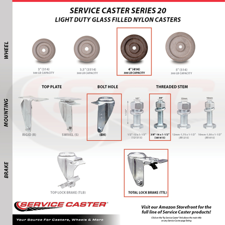 Service Caster 4 Inch High Temp Glass Filled Nylon 3/8 Inch Stem Caster Total Lock Brakes, 2PK SCC-TSTTL20S414-GFNSHT-381615-2-S-2
